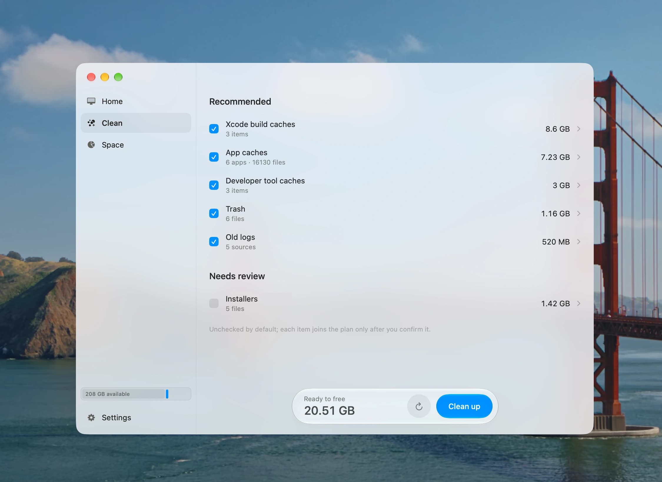 Cleeen cleanup window showing suggested items and recoverable disk space